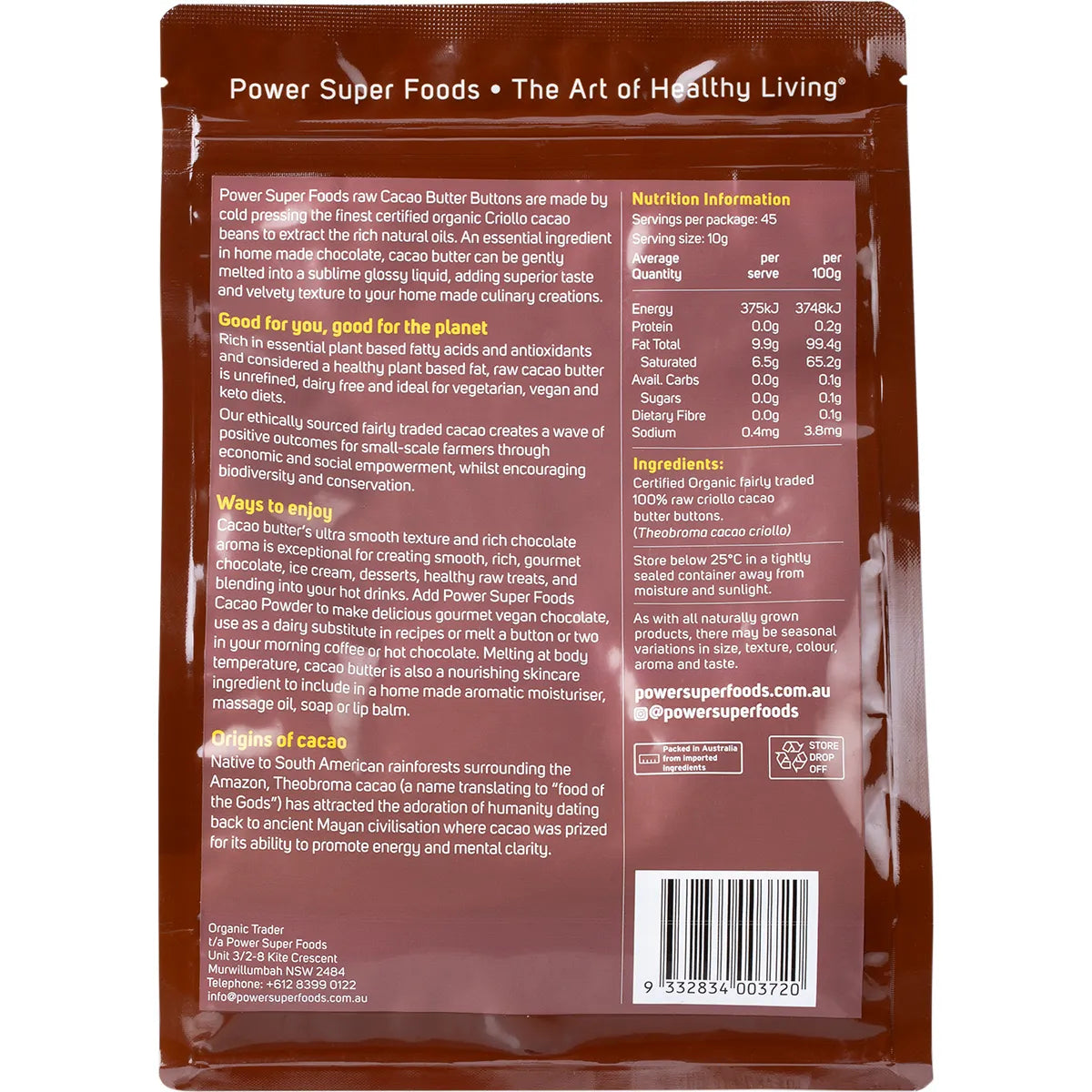 Power Super Foods Cacao Butter Buttons Raw Certified Organic 450g