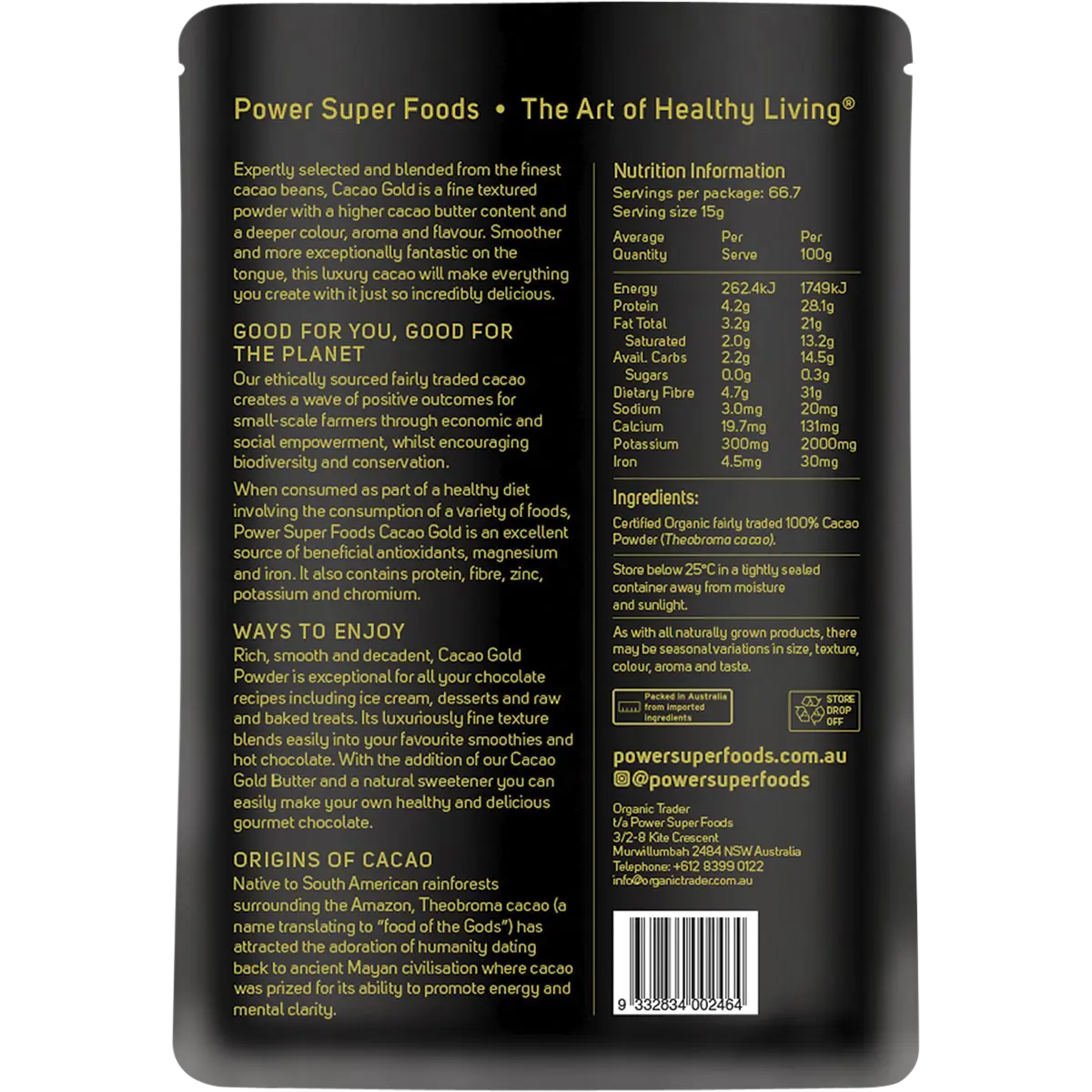Power Super Foods Cacao Gold Powder Certified Organic  1kg — back of pack and product information
