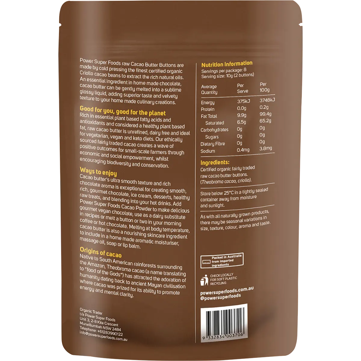 Power Super Foods Cacao Butter Buttons Raw Certified Organic 80g — back of pack and product information