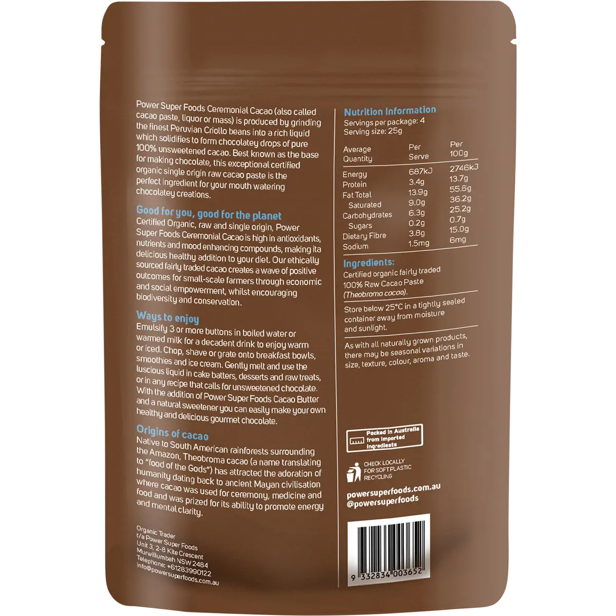 Power Super Foods Cacao Paste Buttons Ceremonial Grade Certified Organic 100g — back of pack and product information