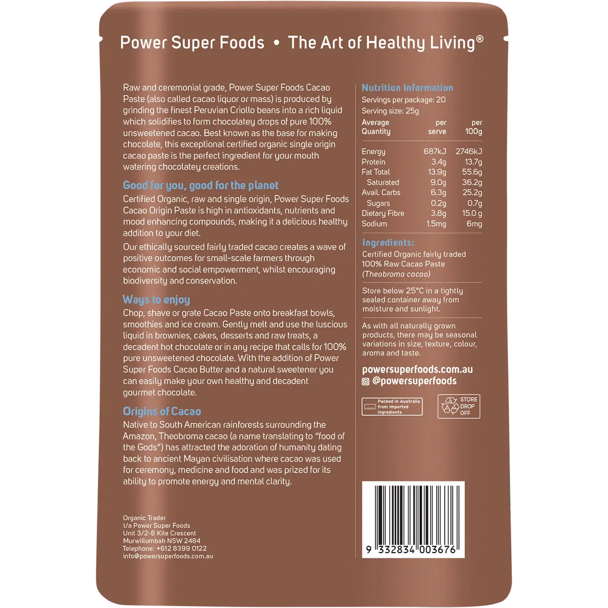 Power Super Foods Cacao Paste Buttons Ceremonial Grade Certified Organic  500g — back of pack and product information