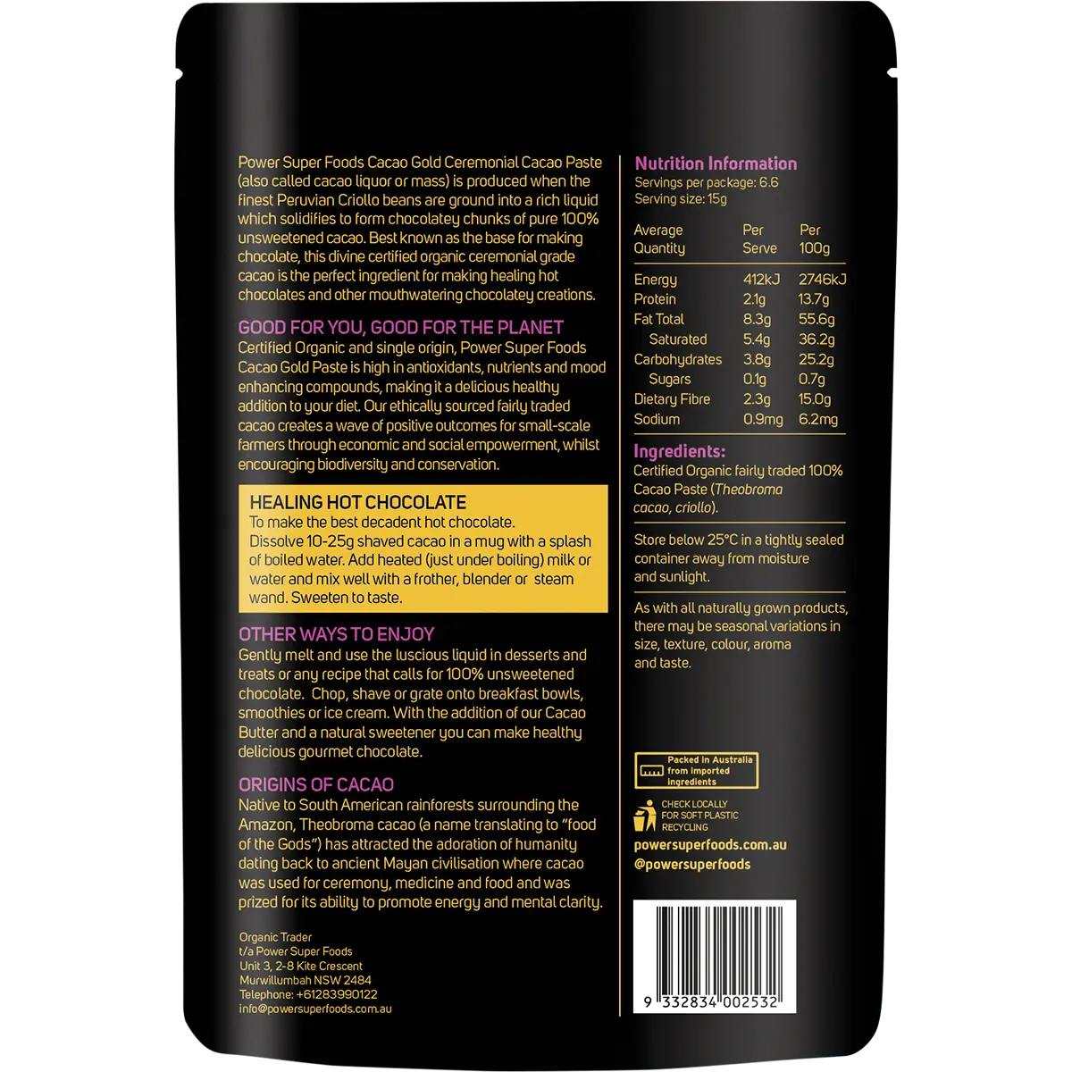 Power Super Foods Cacao Gold Paste Chunks Ceremonial Grade Cert Organic 100g — back of pack and product information