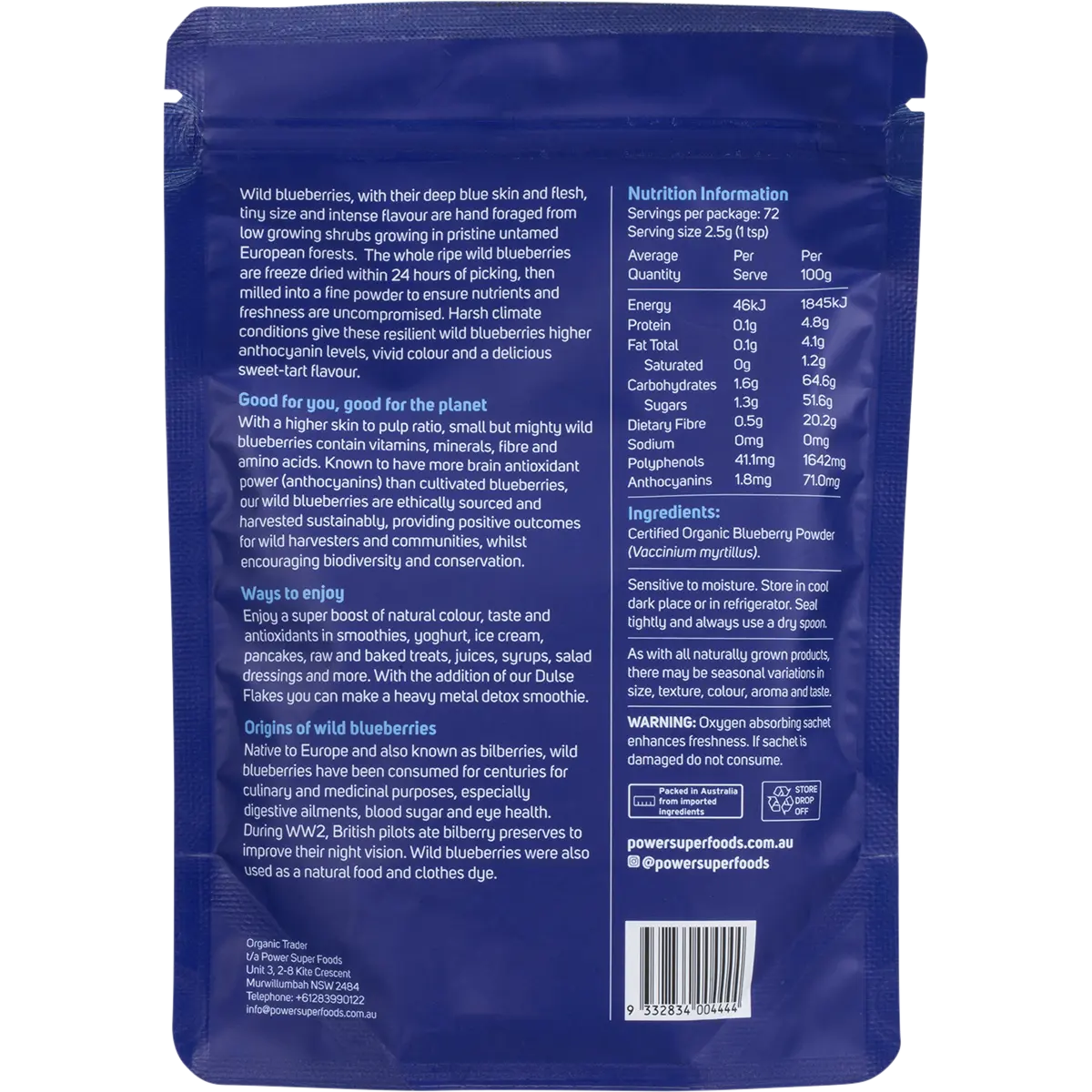 Power Super Foods Wild Blueberry Powder 180g — back of pack and product information