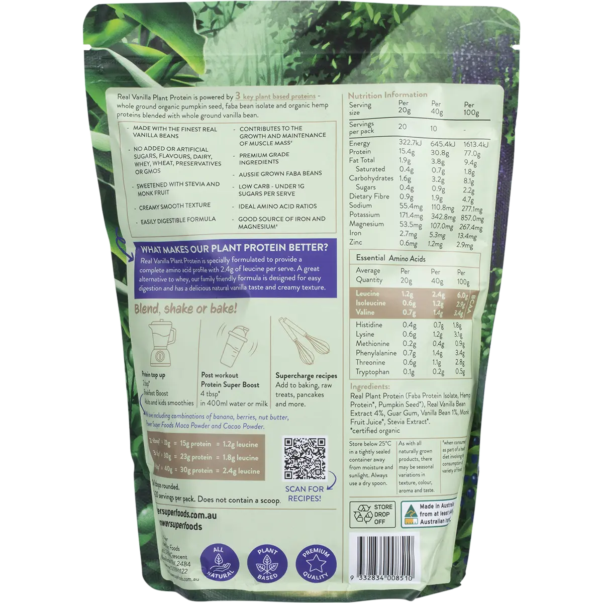 Power Super Foods Real Plant Protein Vanilla Bean 400g — back of pack and product information