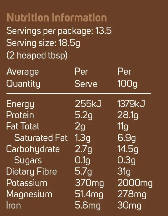 Power Super Foods Cacao Powder Origin Kraft Bag - Certified Organic — official nutrition information