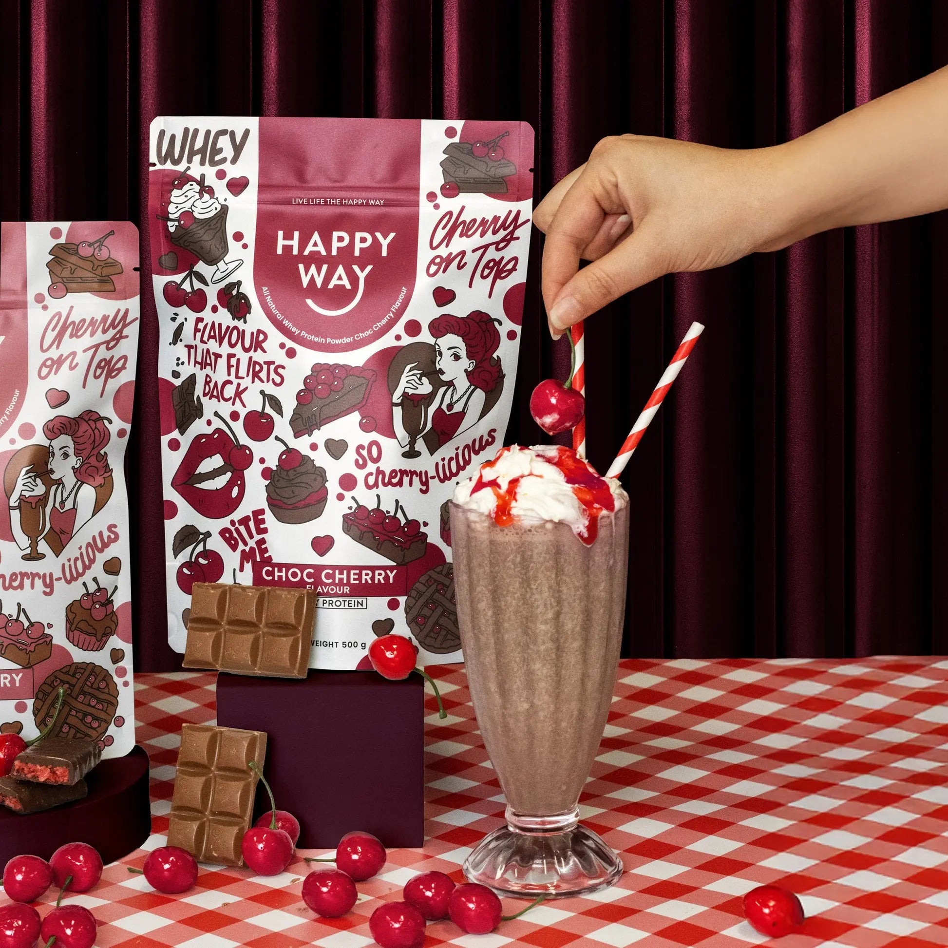 Happy Way Choc Cherry Whey Protein Powder lifestyle image