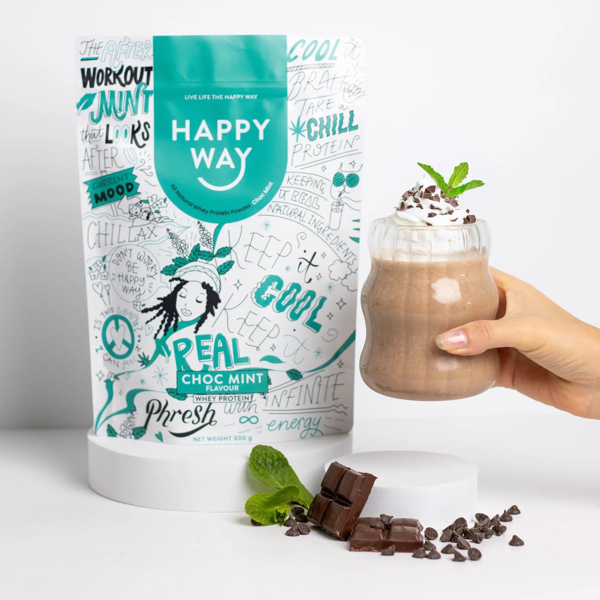 Happy Way Choc Mint Whey Protein Powder lifestyle image