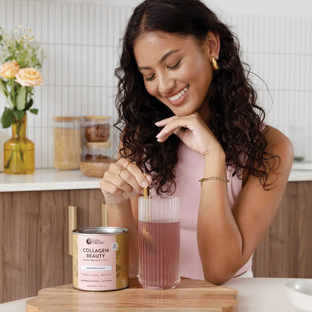 Nutra Naturals Collagen Beauty Watermelon Strawberry 225g — official brand lifestyle/recipe photograph