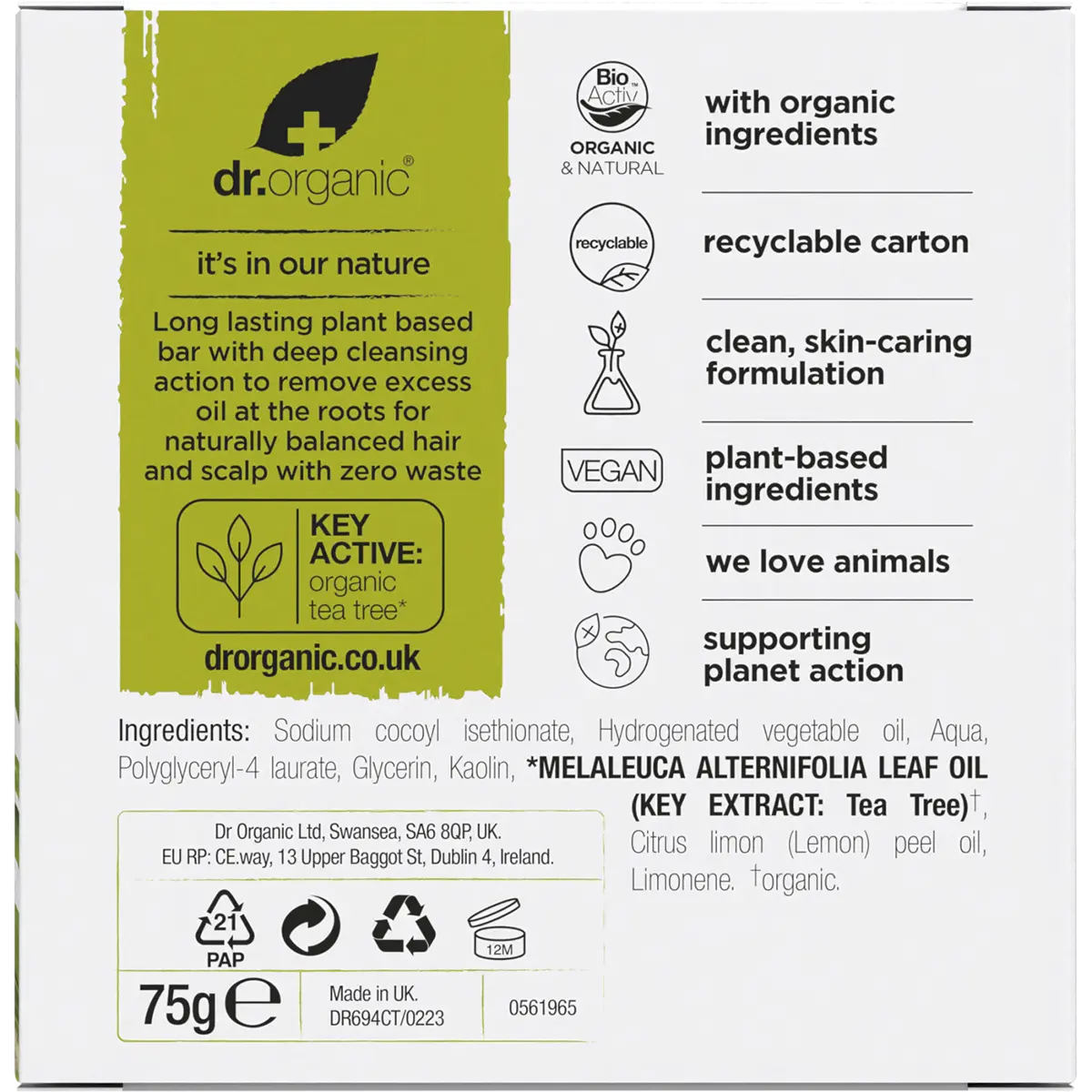 Dr. Organic Shampoo Bar Tea Tree & Lemon Oily Roots & Scalp 75g — back pack image (UHP)