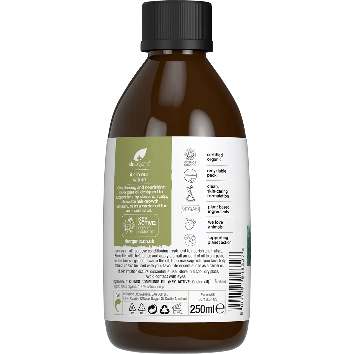 Dr. Organic Castor Oil 100% Pure 250ml — back pack image (UHP)