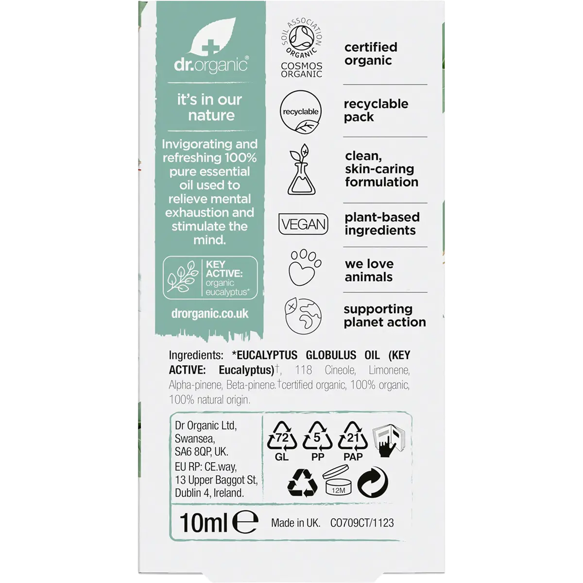 Dr. Organic Eucalyptus Oil 100% Pure 10ml — back pack image (UHP)