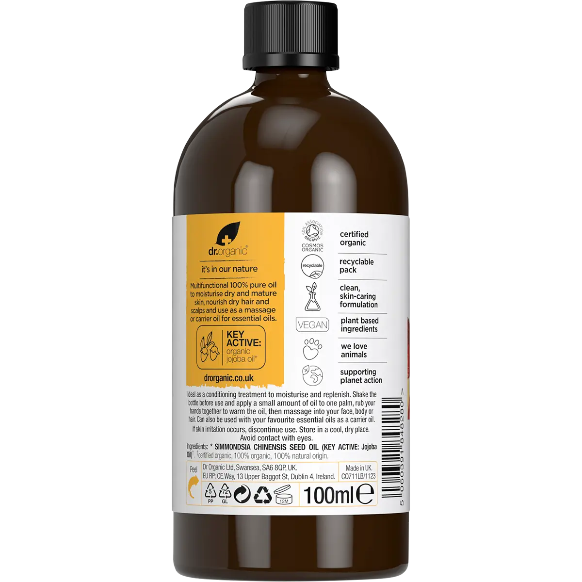 Dr. Organic Jojoba Oil 100% Pure 100ml — back pack image (UHP)