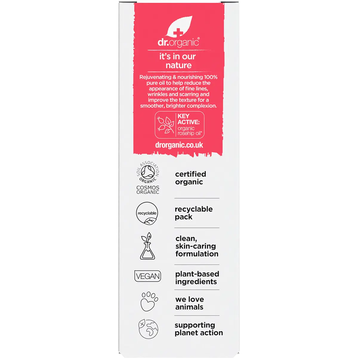 Dr. Organic Rosehip Oil 100% Pure 50ml — back pack image (UHP)
