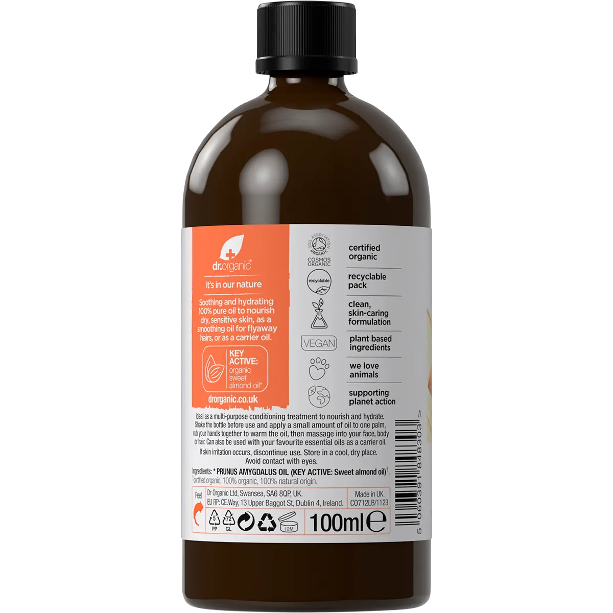 Dr. Organic Sweet Almond Oil 100% Pure 100ml — back pack image (UHP)