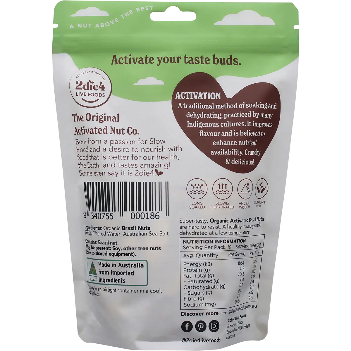 2DIE4 LIVE FOODS Organic Activated Brazil Nuts 300g — back pack image (UHP)