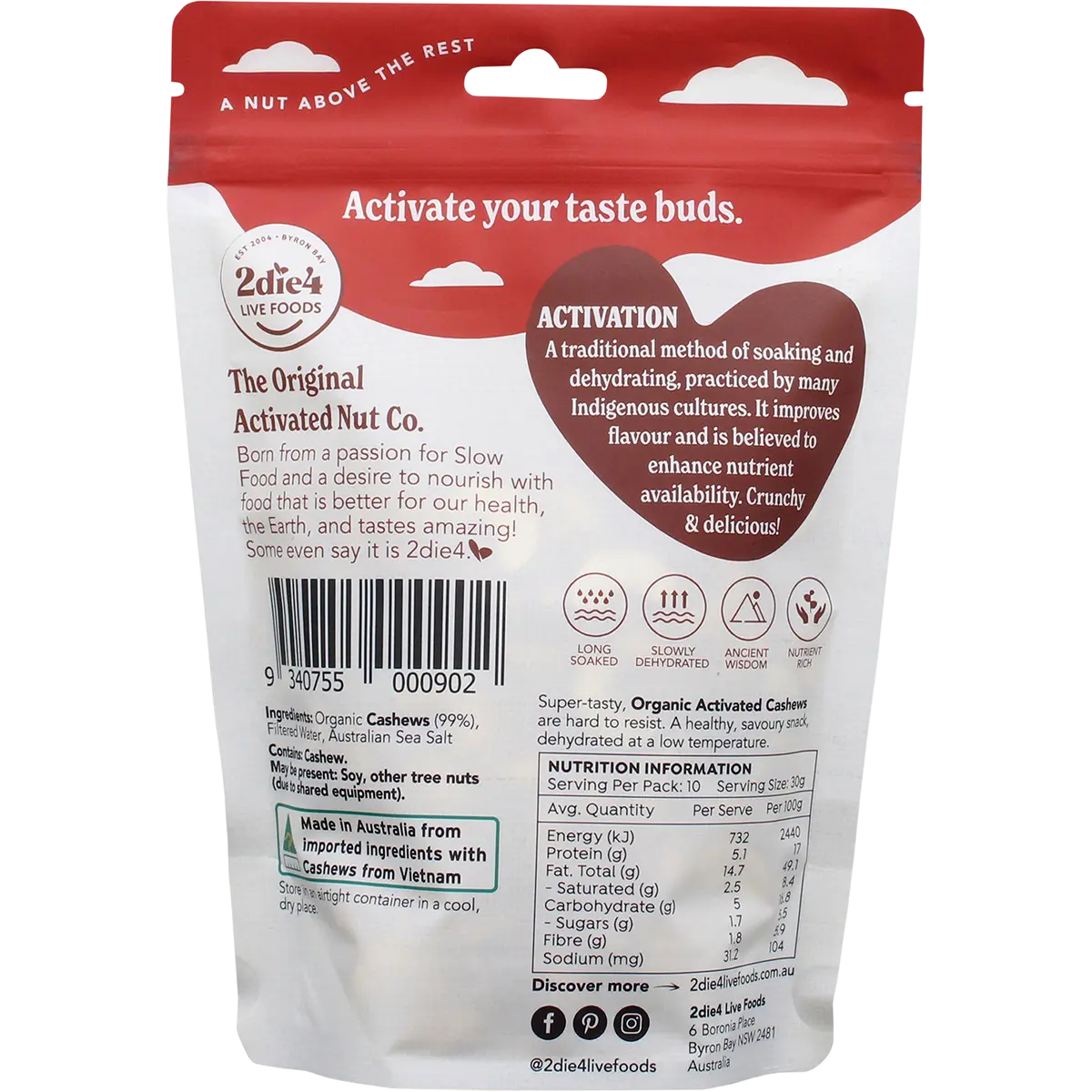 2DIE4 LIVE FOODS Organic Activated Cashews 300g — back pack image (UHP)