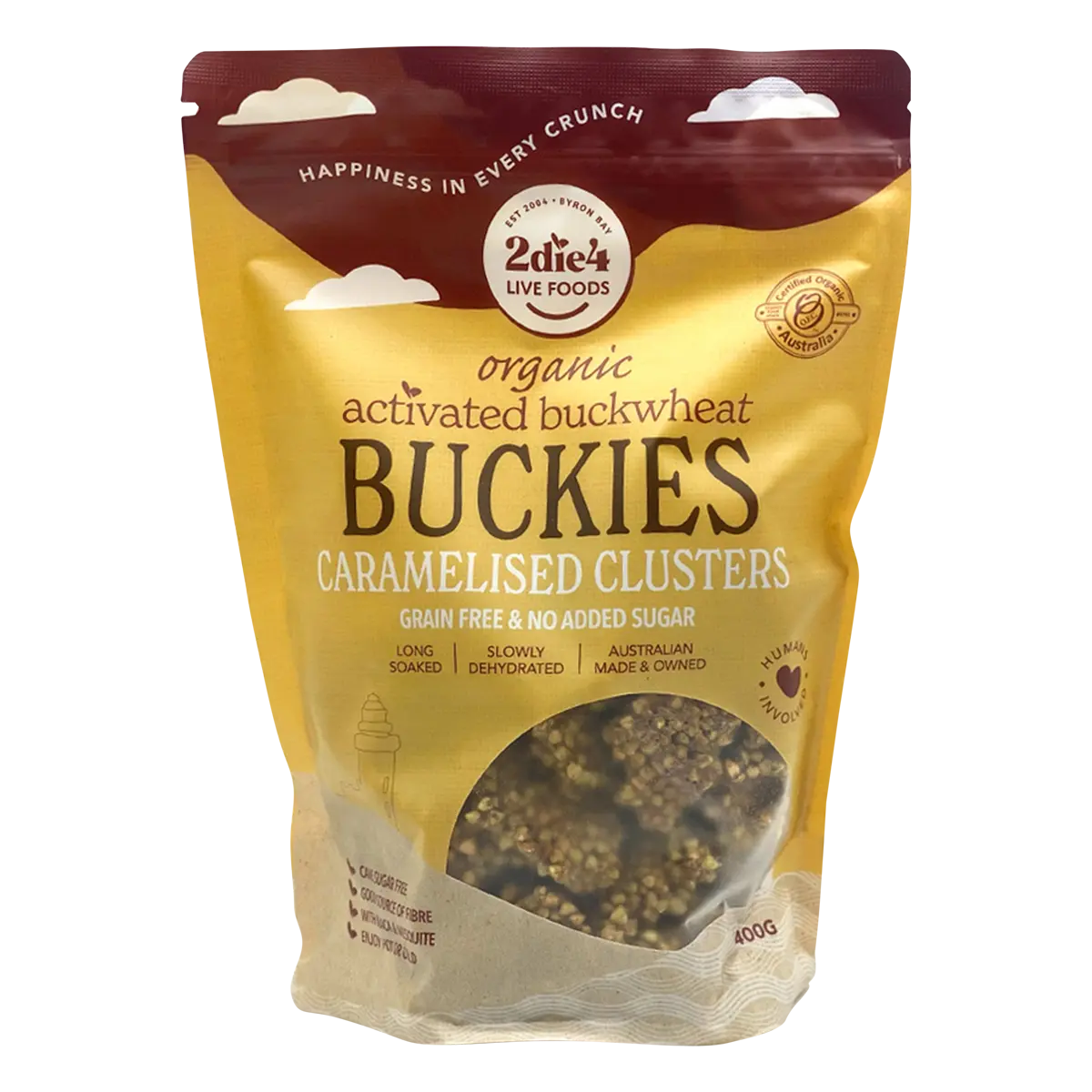 2die4 Live Foods Organic Activated Buckies Caramelised Clusters 400g — front pack image (UHP)