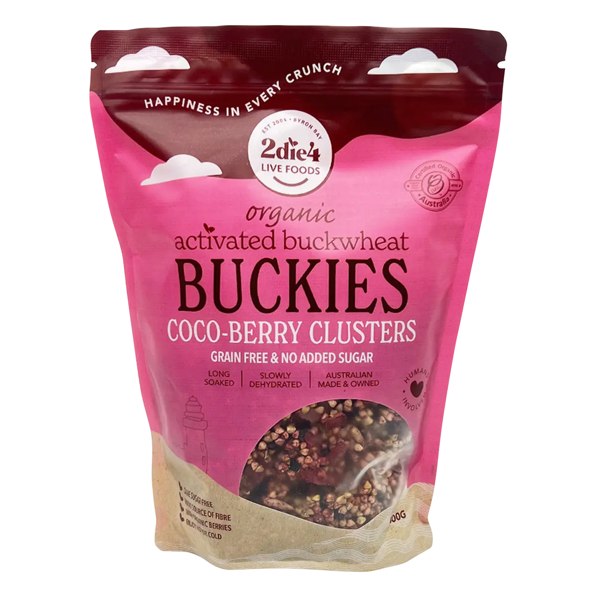 2die4 Live Foods Organic Activated Buckies Coco-Berry Clusters 400g — front pack image (UHP)