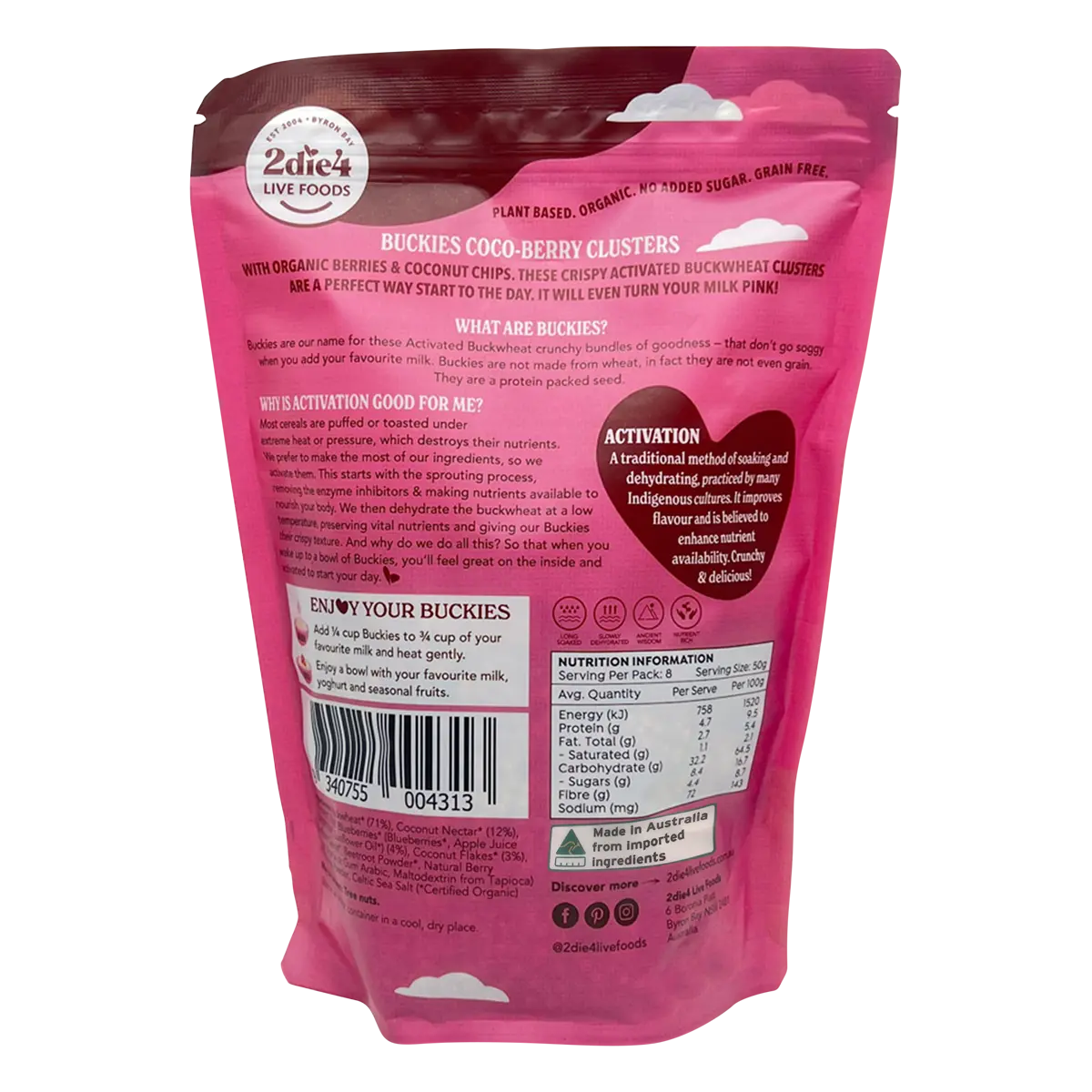 2die4 Live Foods Organic Activated Buckies Coco-Berry Clusters 400g — back pack image (UHP)