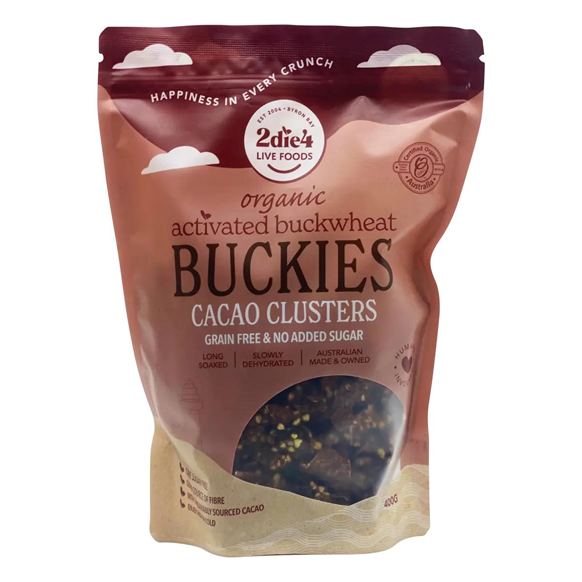 2die4 Live Foods Organic Activated Buckies Cacao Clusters 400g — front pack image (UHP)