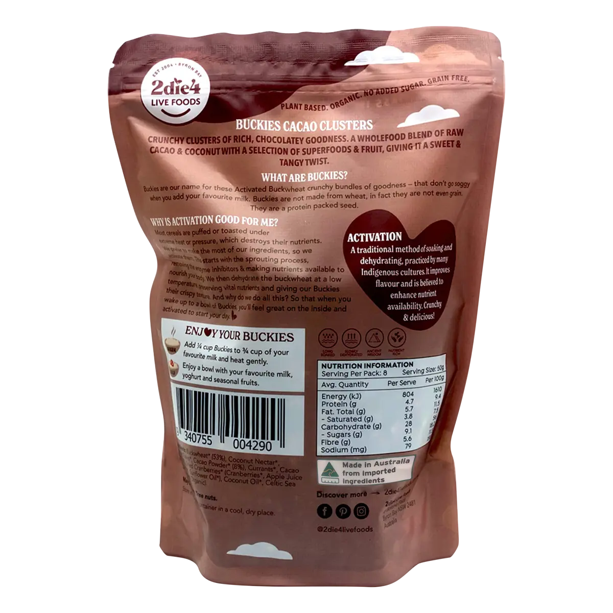 2die4 Live Foods Organic Activated Buckies Cacao Clusters 400g — back pack image (UHP)