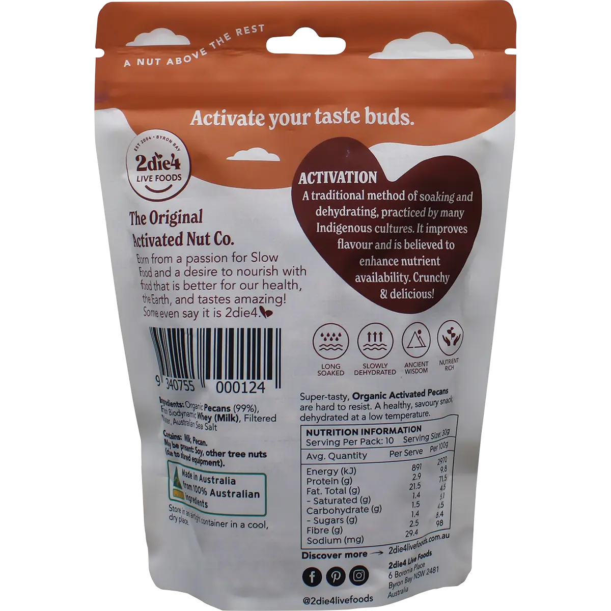 2DIE4 LIVE FOODS Organic Activated Pecans Activated With Fresh Whey 300g — back pack image (UHP)