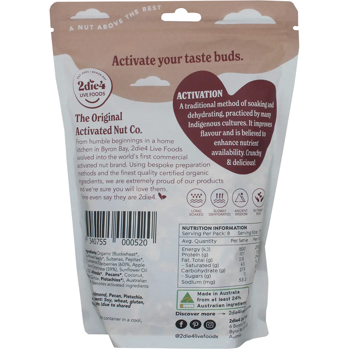 2DIE4 LIVE FOODS Activated Organic Muesli 600g — back pack image (UHP)