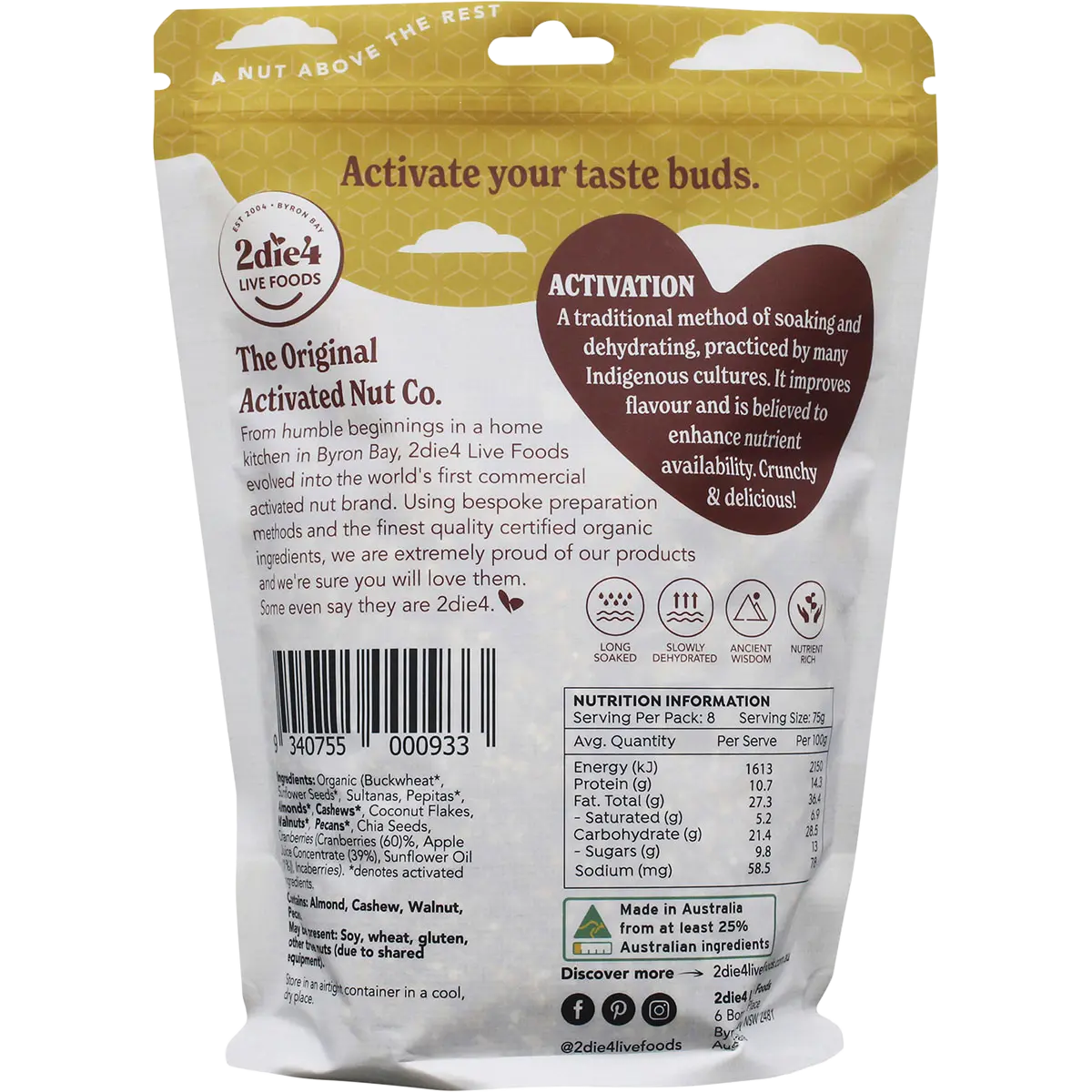 2DIE4 LIVE FOODS Activated Organic Paleo Muesli — back pack image (UHP)