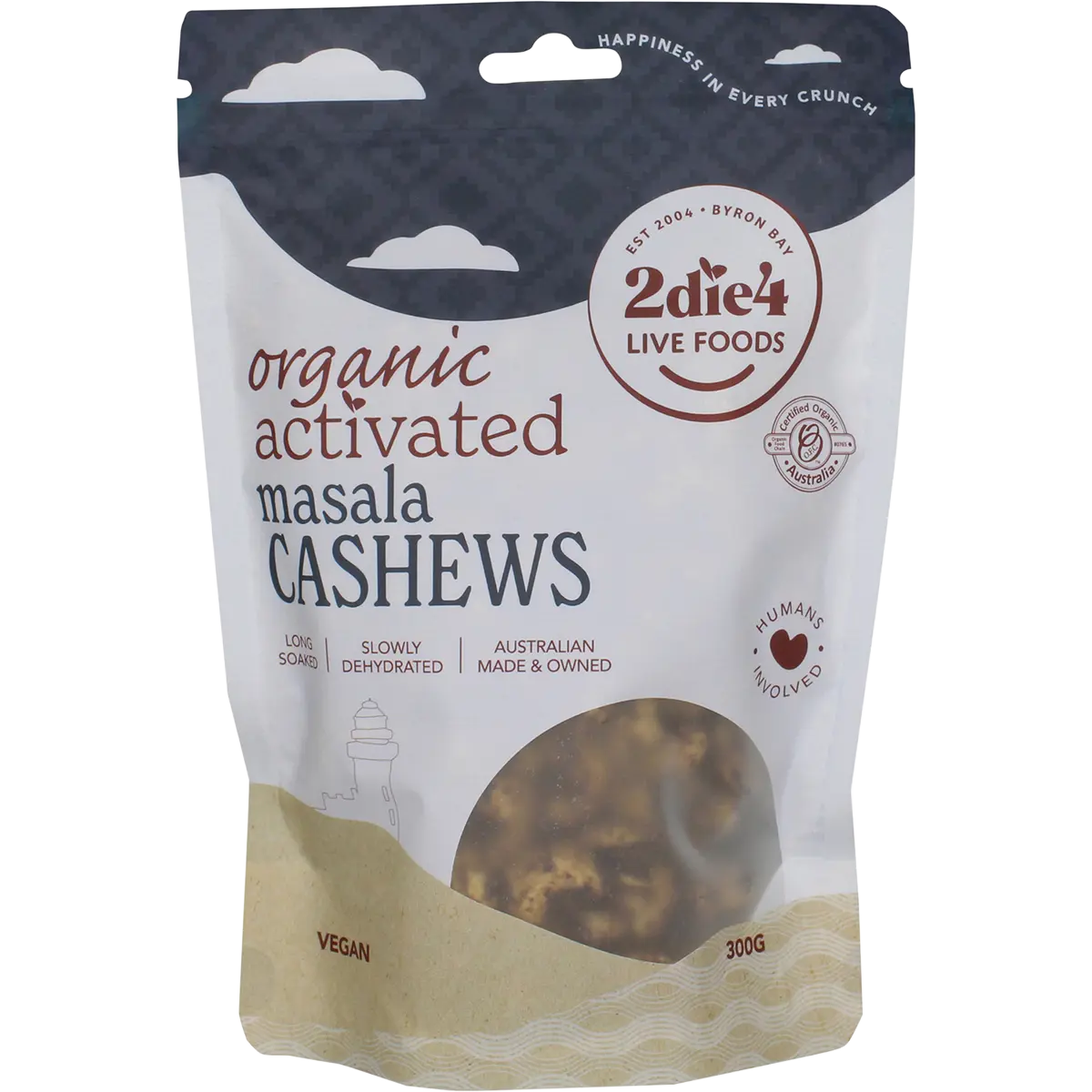 2DIE4 LIVE FOODS Organic Activated Masala Cashews 300g — front pack image (UHP)