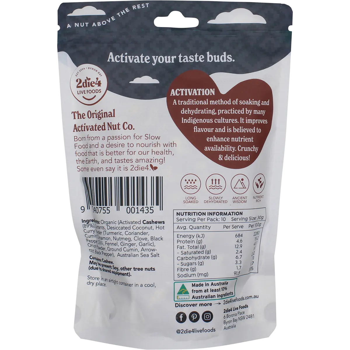 2DIE4 LIVE FOODS Organic Activated Masala Cashews 300g — back pack image (UHP)