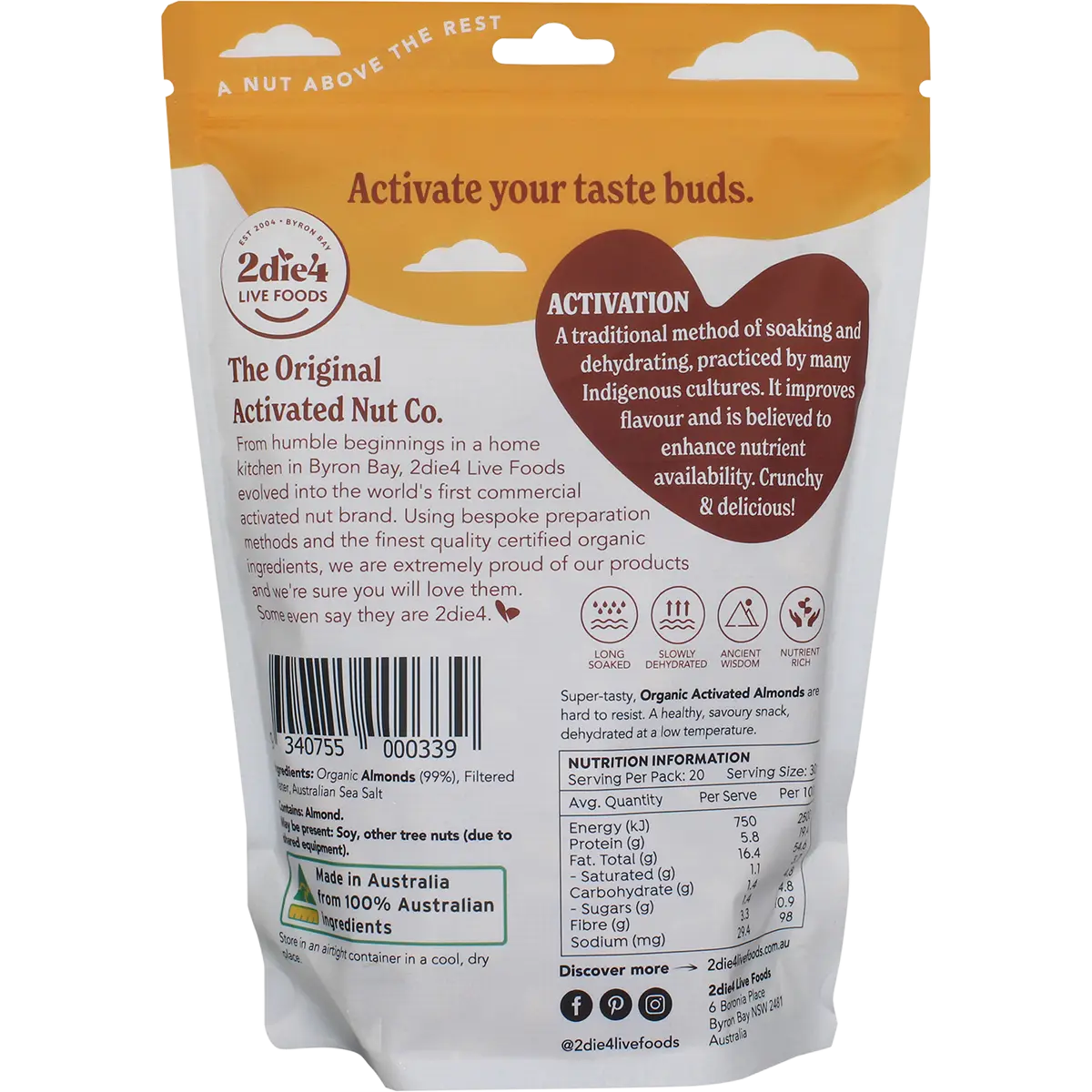 2DIE4 LIVE FOODS Activated Organic Almonds — back pack image (UHP)