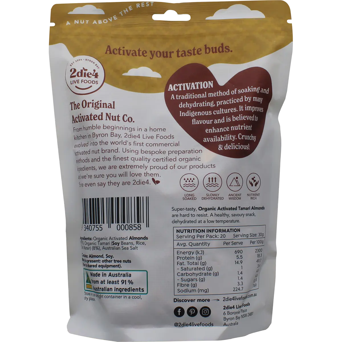 2DIE4 LIVE FOODS Organic Activated Tamari Almonds — back pack image (UHP)