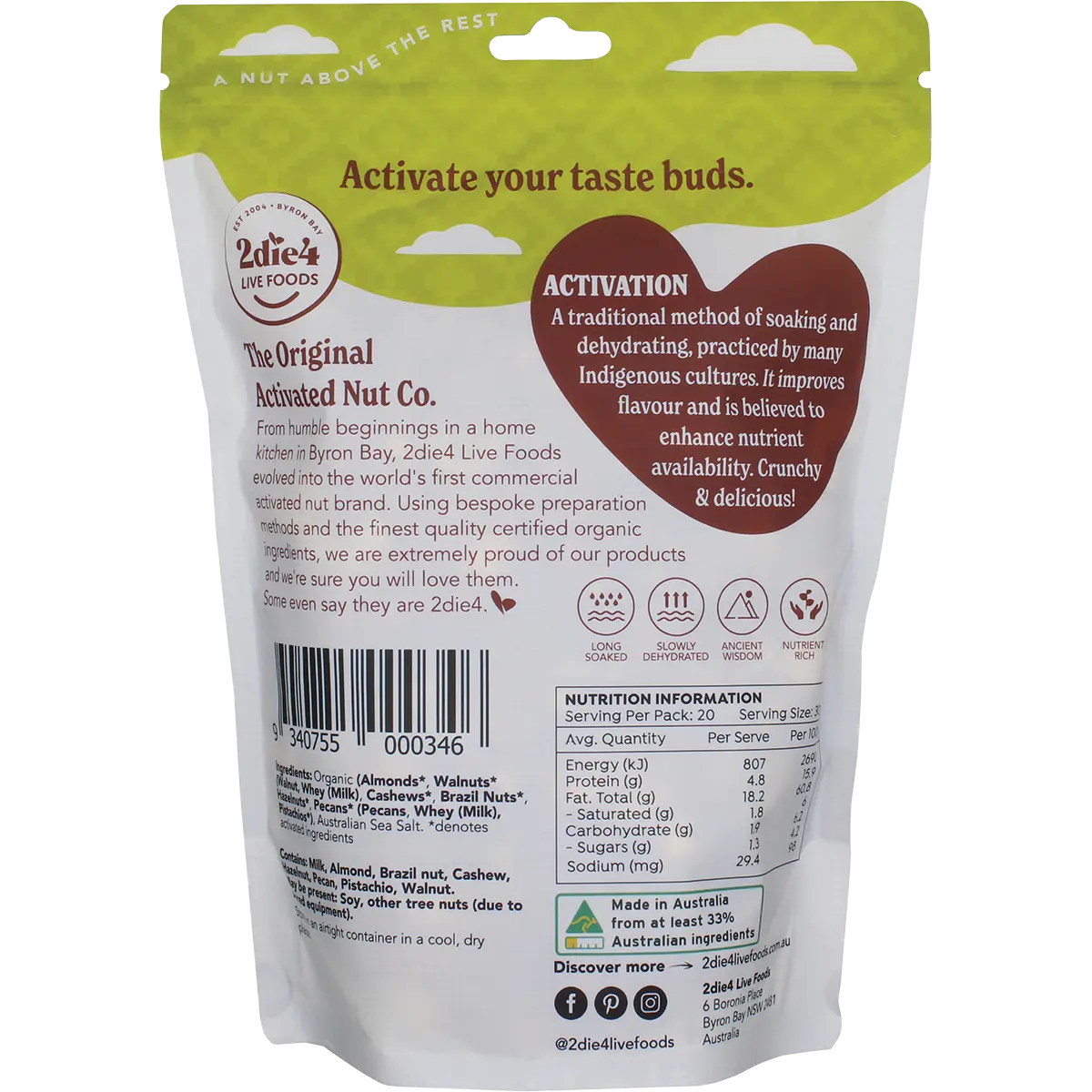 2DIE4 LIVE FOODS Organic Activated Mixed Nuts Activated With Fresh Whey — back pack image (UHP)