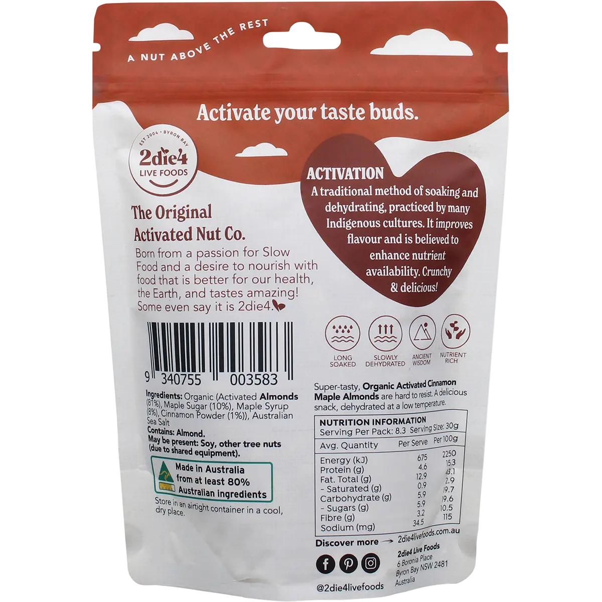 2DIE4 Organic Activated Almonds Cinnamon Maple 250g — back pack image (UHP)