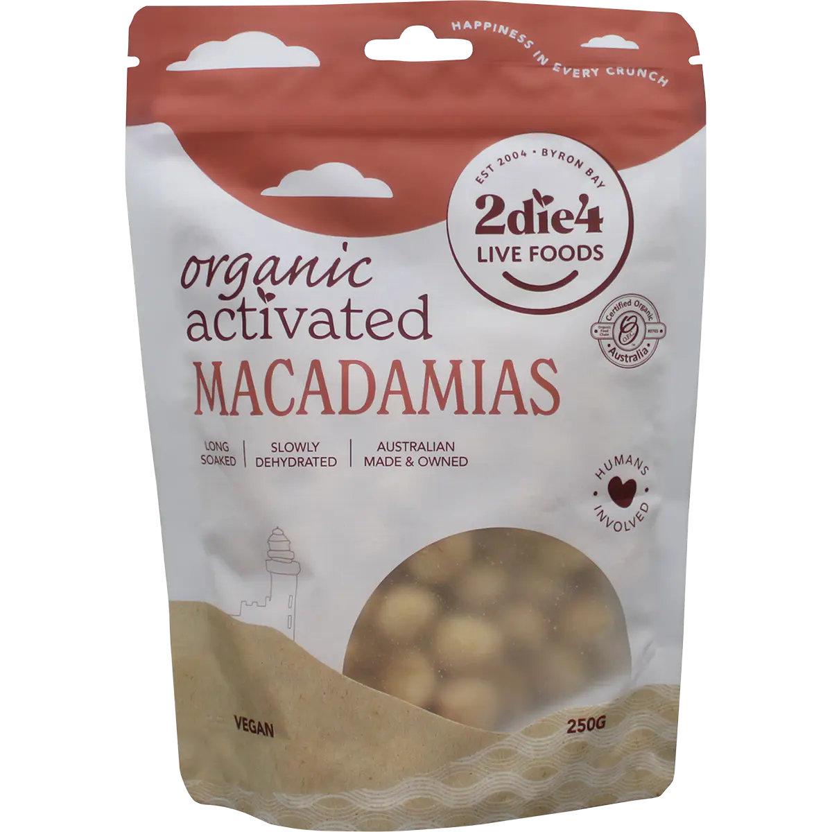 2DIE4 LIVE FOODS Organic Activated Macadamias 250g — front pack image (UHP)