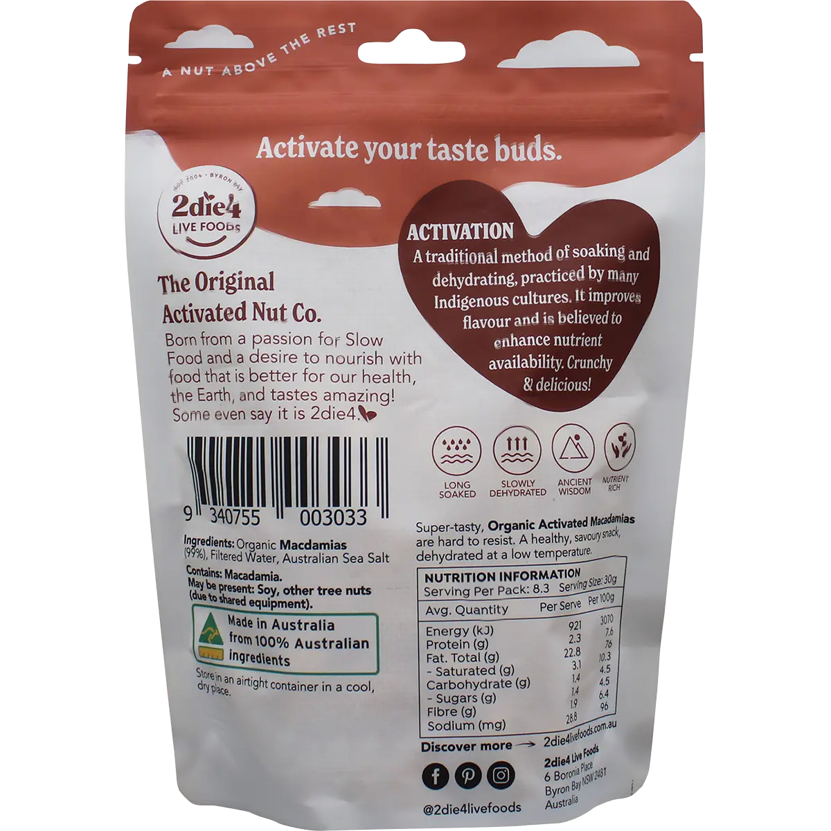 2DIE4 LIVE FOODS Organic Activated Macadamias 250g — back pack image (UHP)