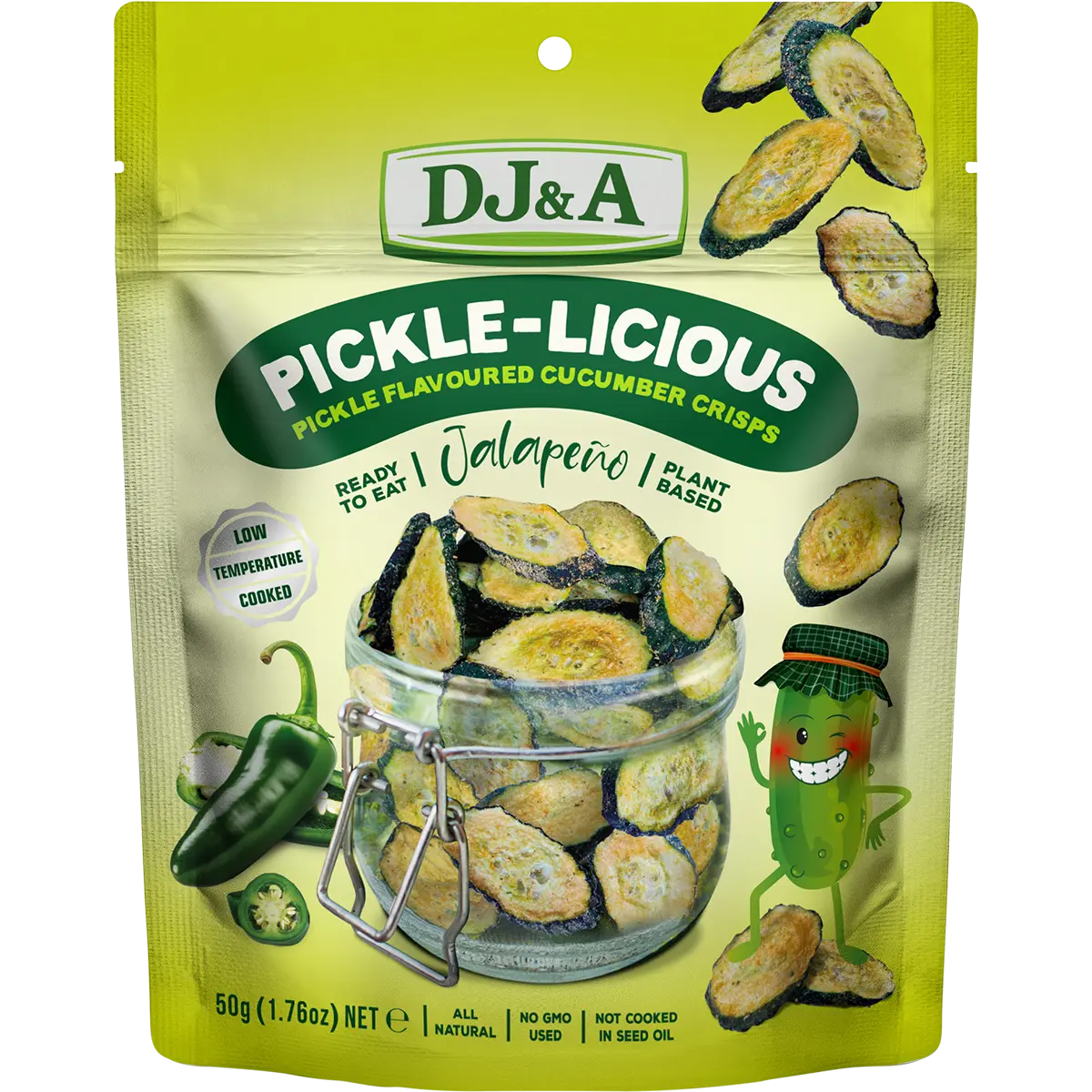 DJ&A Pickle-Licious Pickle Flavoured Cucumber Jalapeno 9x50g lifestyle image