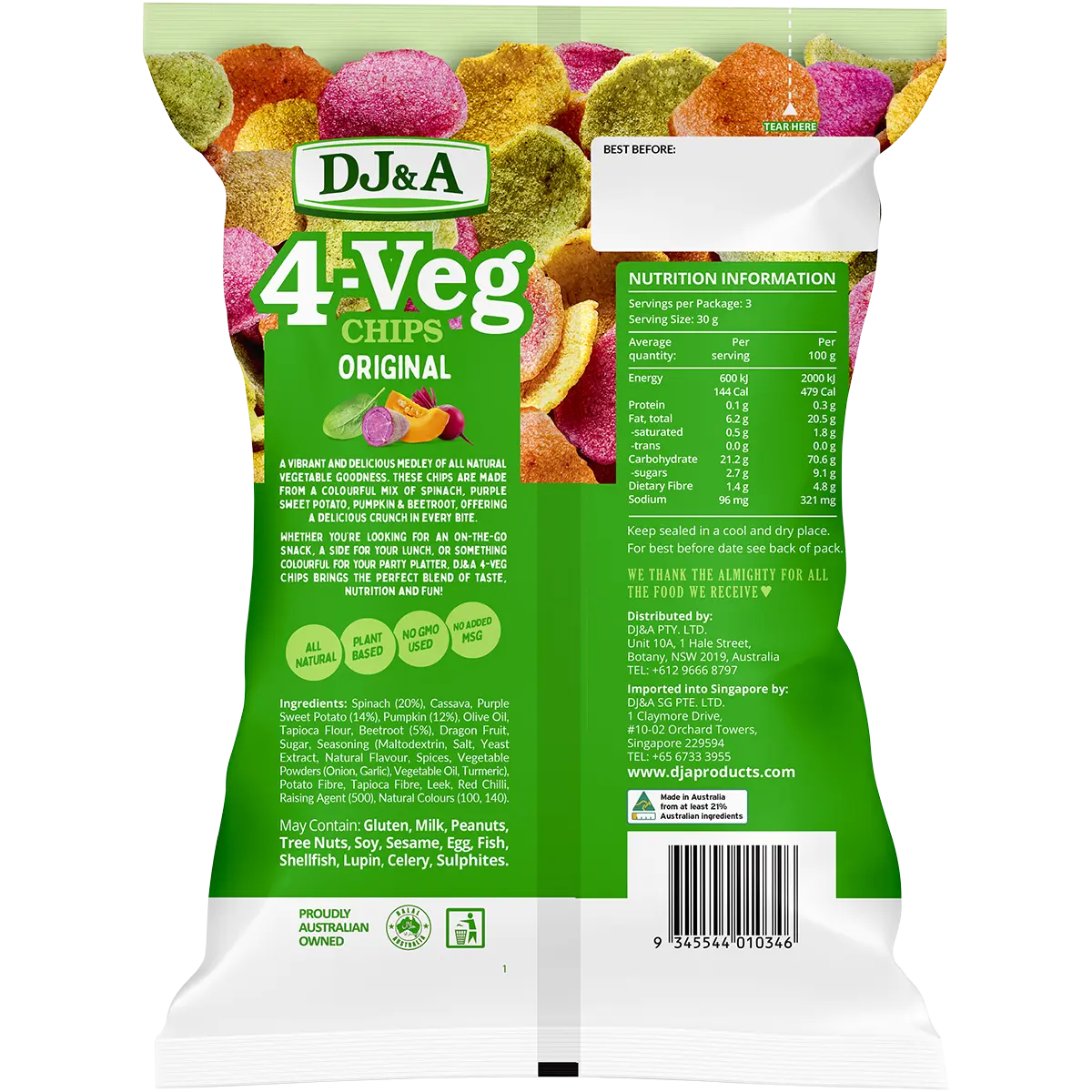 DJ&A 4-VEG Chips Original 5x90g — back of pack and product information