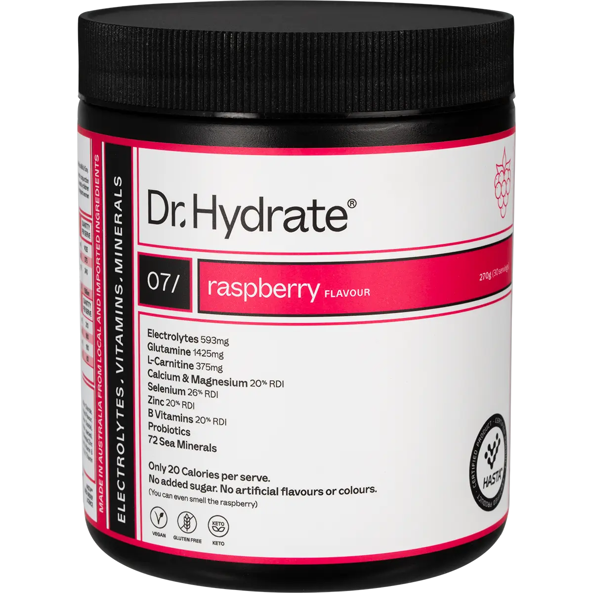 Dr. Hydrate All-In-One Hydration Drink Hasta Cert Raspberry 270g — front pack image (UHP)