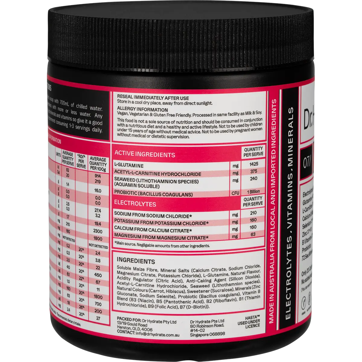 Dr. Hydrate All-In-One Hydration Drink Hasta Cert Raspberry 270g — side pack image (UHP)