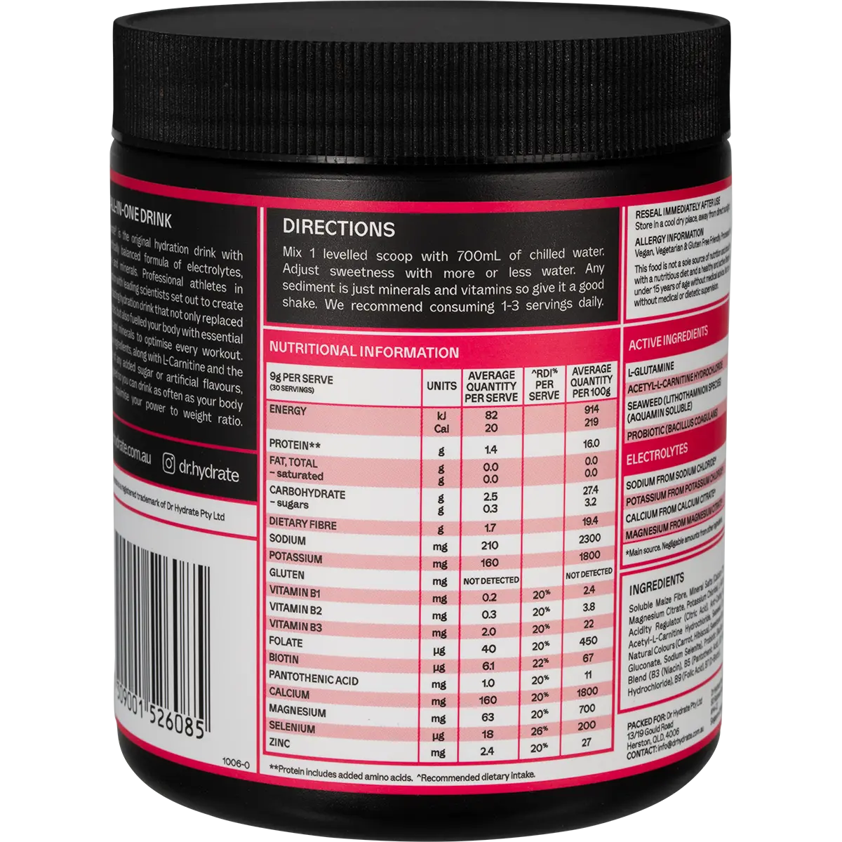 Dr. Hydrate All-In-One Hydration Drink Hasta Cert Raspberry 270g — side pack image (UHP)