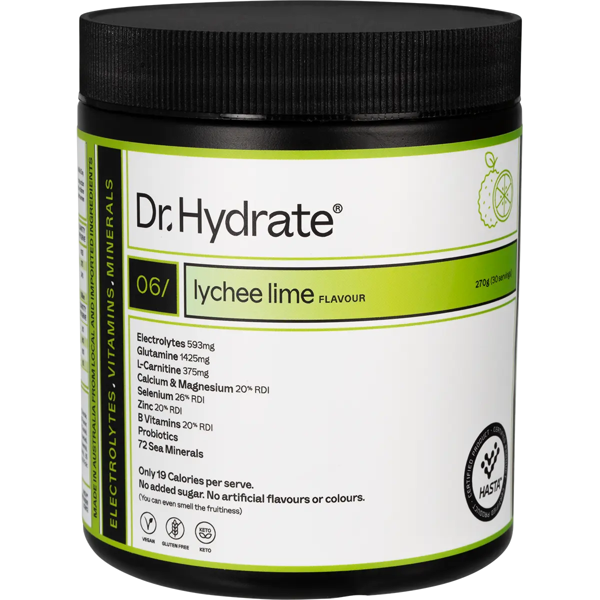 Dr. Hydrate All-In-One Hydration Drink Hasta Cert Lychee Lime 270g — front pack image (UHP)