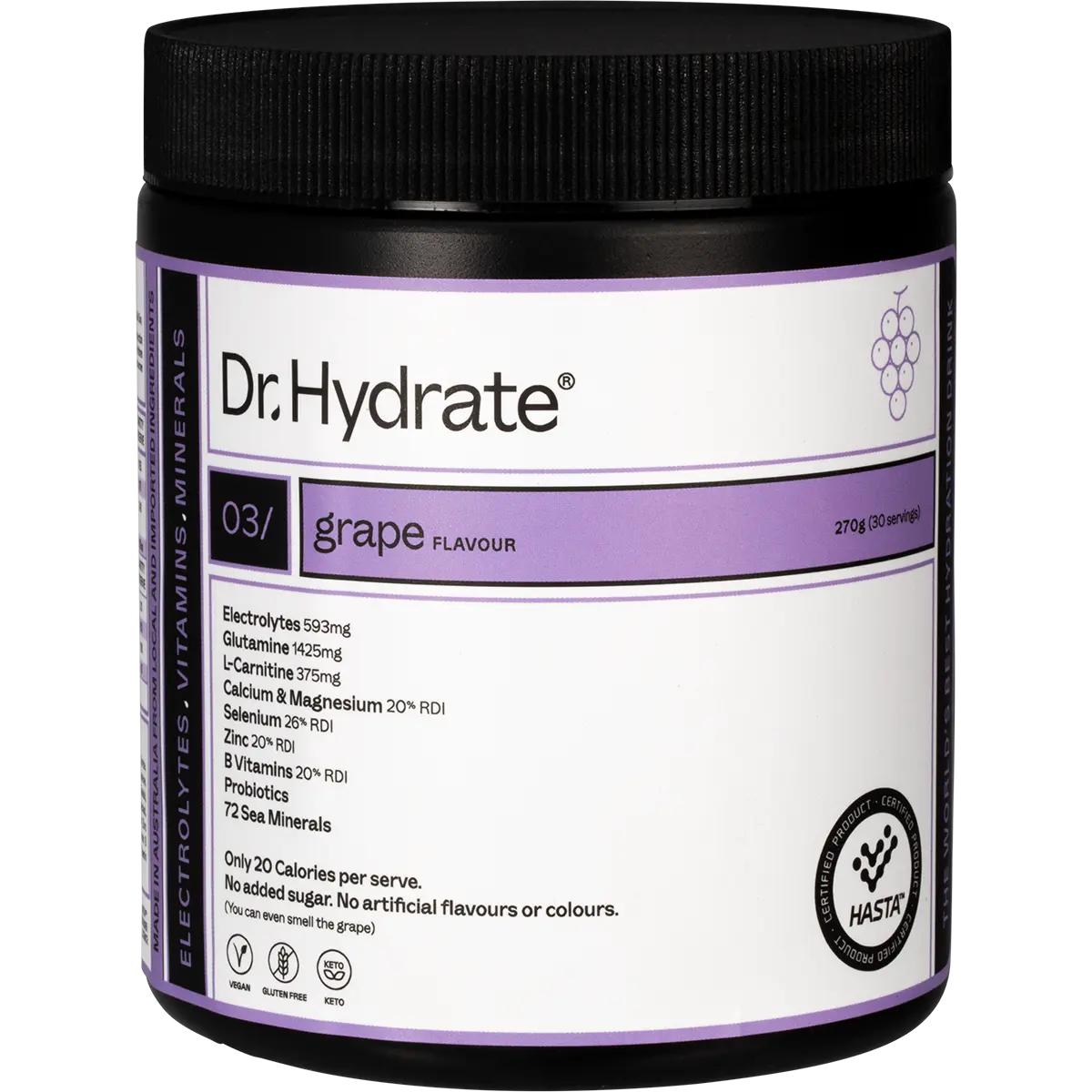 Dr. Hydrate All-In-One Hydration Drink Hasta Cert Grape 270g — front pack image (UHP)