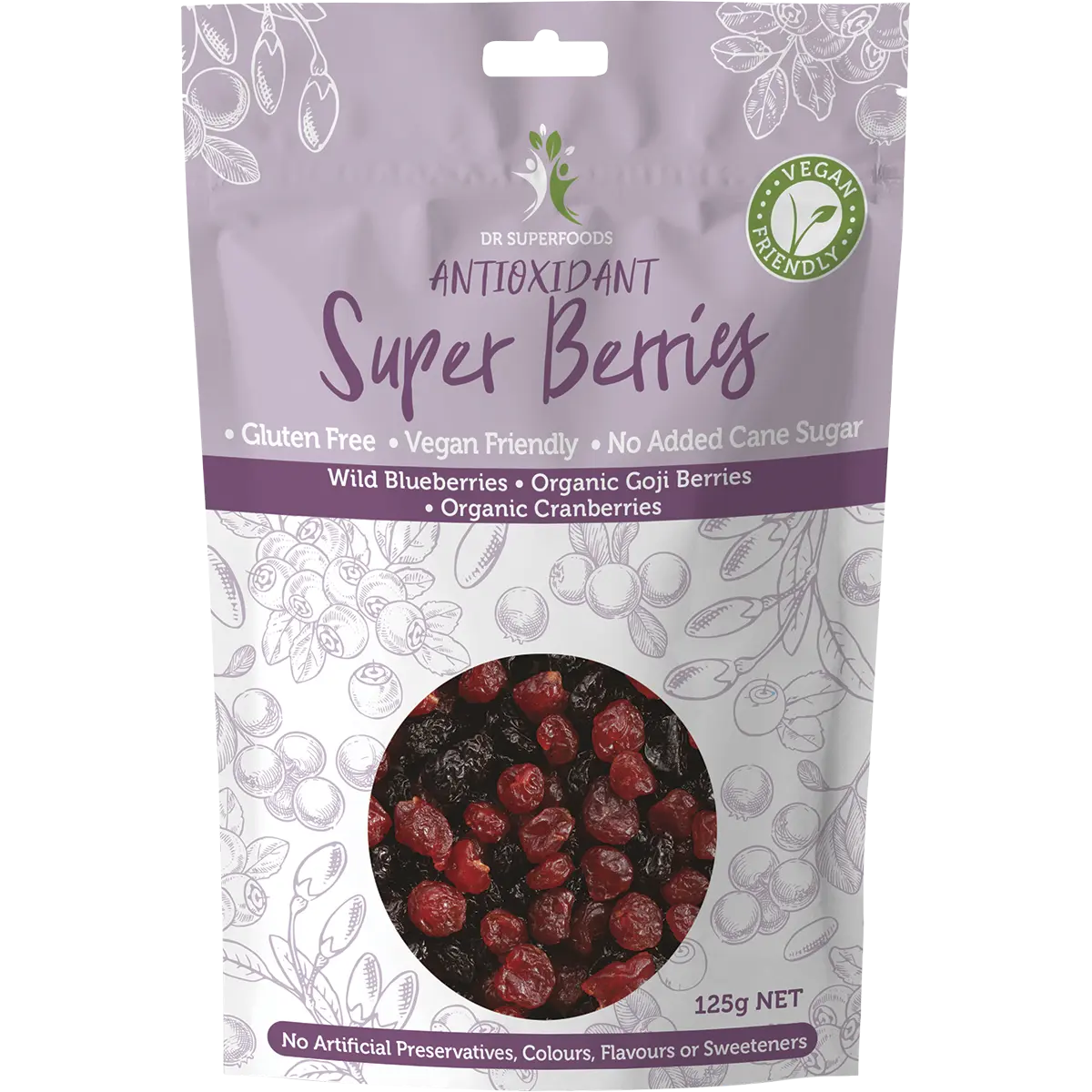 Dr Superfoods Dried Antioxidant Super Berries Blueberries, Goji & Cranberries 125g — front pack image (UHP)