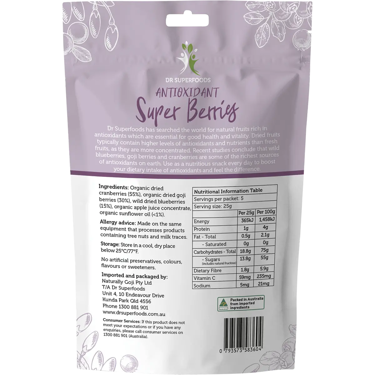 Dr Superfoods Dried Antioxidant Super Berries Blueberries, Goji & Cranberries 125g — back pack image (UHP)