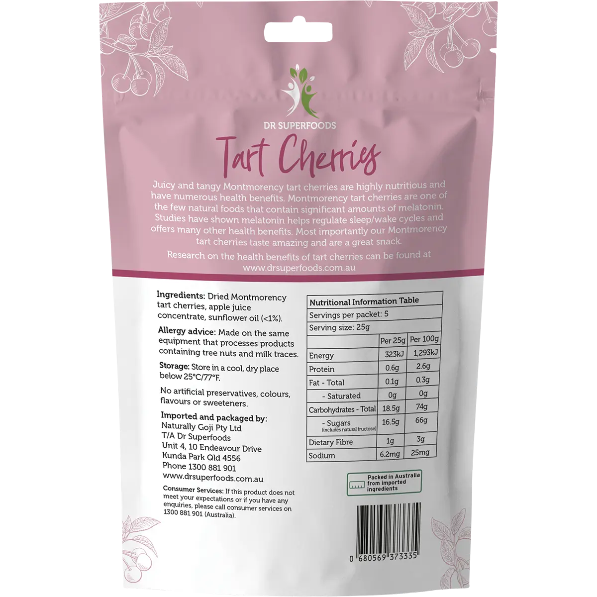 Dr Superfoods Dried Tart Cherries 125g — back pack image (UHP)