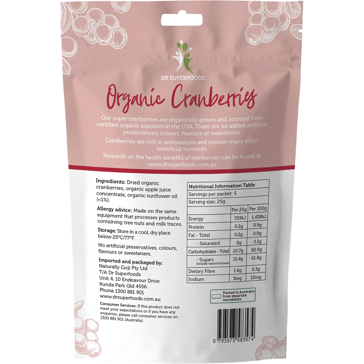 Dr Superfoods Dried Cranberries Organic 125g — back pack image (UHP)