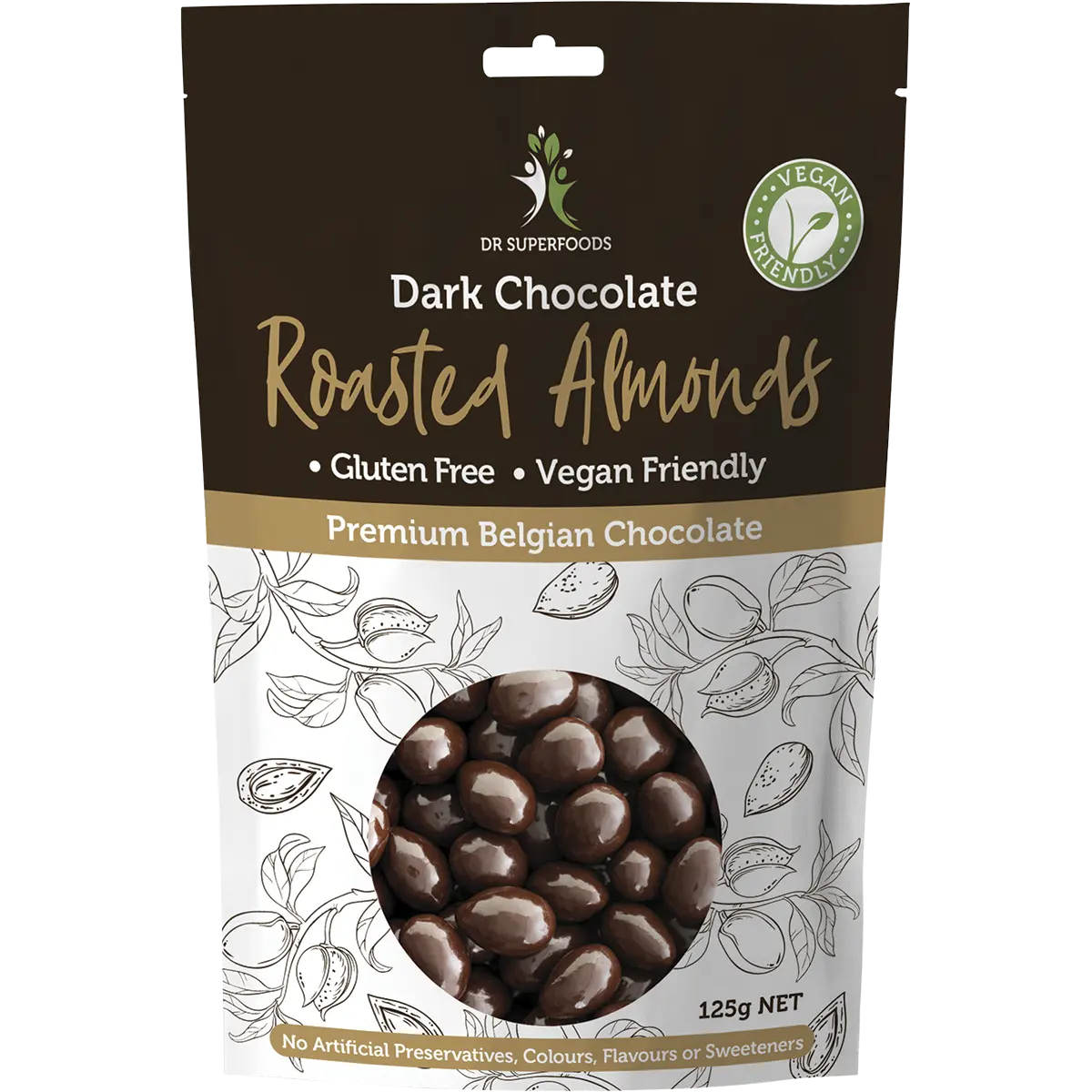 Dr Superfoods Roasted Almonds Dark Chocolate 125g — front pack image (UHP)
