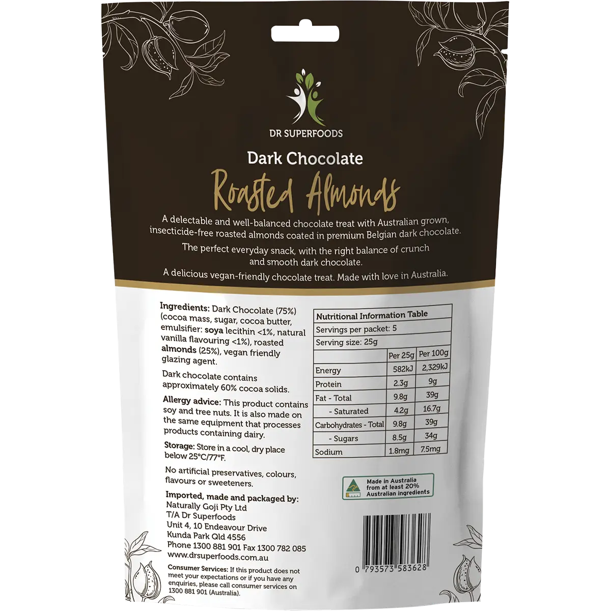 Dr Superfoods Roasted Almonds Dark Chocolate 125g — back pack image (UHP)
