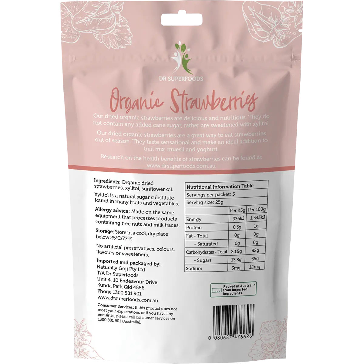 Dr Superfoods Dried Strawberries Organic 125g — back pack image (UHP)